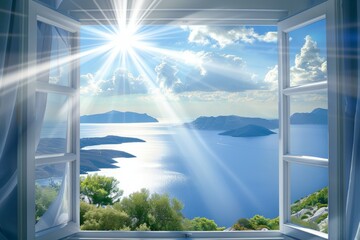 A window view of a beautiful ocean with the sun shining brightly on the water