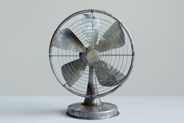 A fan with a rusted metal frame sits on a white table. Summer heat concept