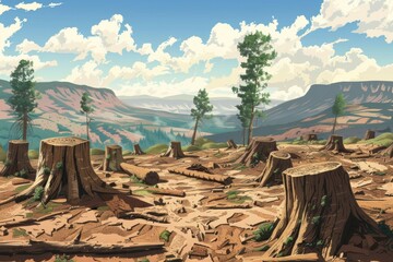 Deforestation in drought concept. Record summer heat in illustration style. Backdrop