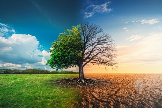 Tree in ecology and drought concept. Climate change and record heat. Backdrop with selective focus