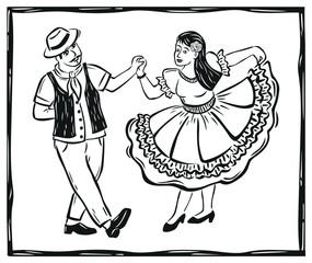 Couple dancing. Man with hat and woman in dress. Woodcut in cordel style. Vector illustration..eps