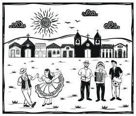June festival with couple dancing, music band playing, village of houses and church. Woodcut in northeastern cordel style. Vector illustration.eps