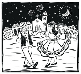 Couple dancing at a June party at night. Illustration in the woodcut style of cordel from northeastern Brazil..eps
