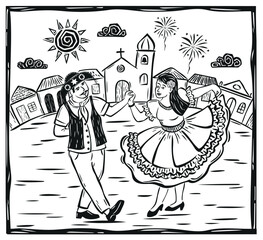 Man and woman dancing at a S?o Jo?o festival in the interior of Brazil. Vector illustration in cordel woodcut style.eps