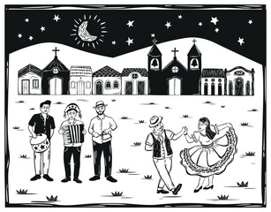 Couple dancing and band playing at a S?o Jo?o festival. Woodcut in the cordel style of northeastern Brazil. Vector illustration..eps