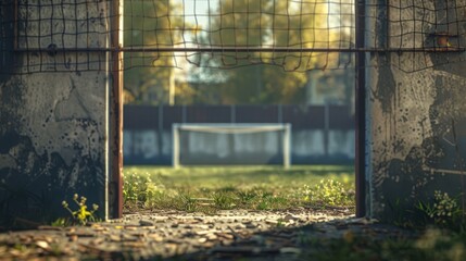 Soccer field and goal net as if viewed through the door - obrazy, fototapety, plakaty