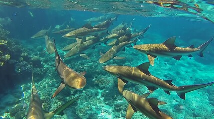 Fototapeta na wymiar Swimming with many sharks in the tropical blue ocean. generative ai