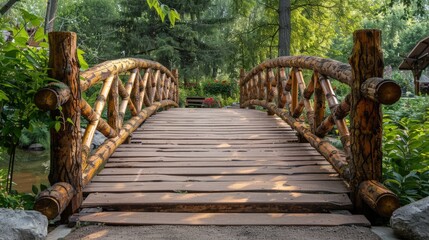 Obraz premium Wooden bridge crossing stream in forest