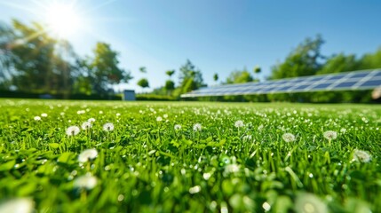 An eco-friendly artificial grass field under a clear blue sky