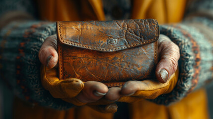 Empty wallet in the hands of an elderly man. Poverty in retirement concept.