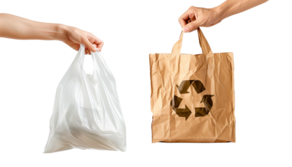 Hand stretching holding shopping plastic bag and other hand with paper recycle bag over white transparent background