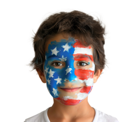 Headshot of boy with face painted American flag over white transparent background. 4th of July, USA patriotic concept