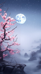 scenery under the moon, plum blossom, snow scene, ancient chinese style, surrounded by white smoke, plum blossom, frost, light, aesthetics, ethereal, fairy tale, surreal, fantasy, ultra high definitio