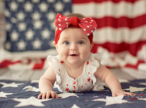 Adorable smiling cute little baby girl sitting on the ground with an American flag and as background. 4th of July concept