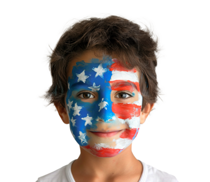 Headshot of boy with face painted American flag over white transparent background. 4th of July, USA patriotic concept - Powered by Adobe