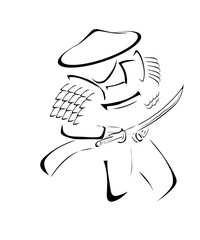 black and white sketch of a Japanese samurai in full armor wielding a katana and ready to fight