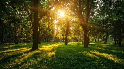 Obraz premium Sun shining through leafy canopy in park
