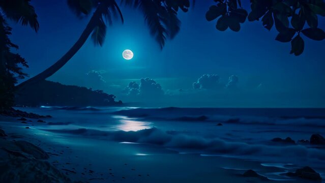 Nightscape moon at a tropical beach. 4k video animation