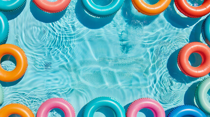 Overhead view of a swimming pool with pool ring floats