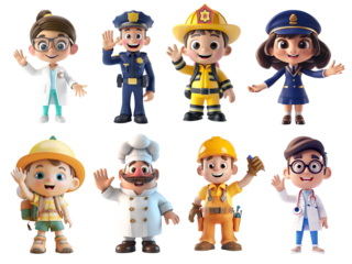 Collection of 3D cartoon characters from different professions and roles. Scientist, policeman, fireman, air host, explorer, chef, constructor and doctors. Isolated over white transparent background