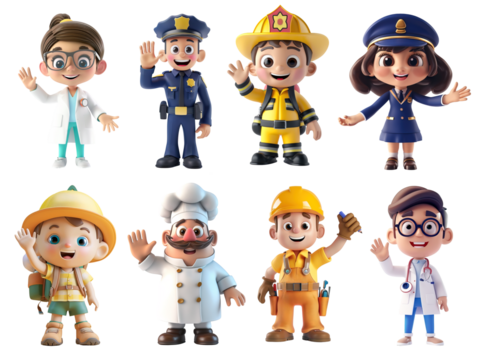 Collection of 3D cartoon characters from different professions and roles. Scientist, policeman, fireman, air host, explorer, chef, constructor and doctors. Isolated over white transparent background