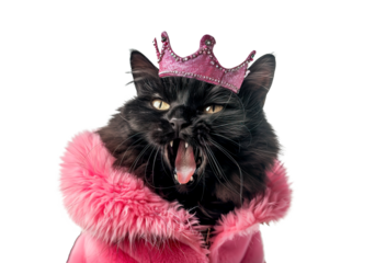 Black ragdoll cat wearing pink coat and tiny crown while yawning over white transparent background