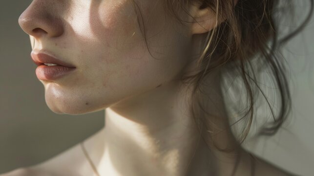 The gentle shadows created by her collarbone drawing attention to the delicate musculature beneath. .