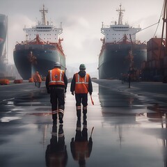 Two men in orange vests walk on a wet road near two large ships - obrazy, fototapety, plakaty