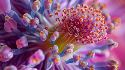 The intricately designed stigma of a flower covered in an abundance of pollen grains is captured in meticulous detail offering a glimpse - obrazy, fototapety, plakaty