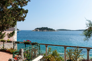 View from balcony on Hvar to island in harbour Croatia