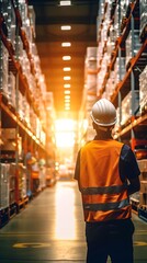 A man in a safety vest stands in a warehouse