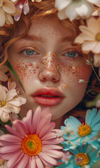 macro photo of a freckled girl with blue eyes behind soft pastel colorful flowers