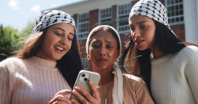 Selfie, smile and woman friends in park outdoor for summer fun, memory or bonding together. Phone, social media profile picture and keffiyeh with happy young people in Palestine for solidarity
