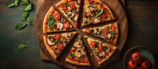 Delicious homemade pizza with mushrooms, cherry tomatoes and cheese ,on an ancient wooden table