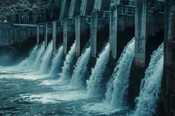 Dark dam with powerful waterfalls into the river - obrazy, fototapety, plakaty