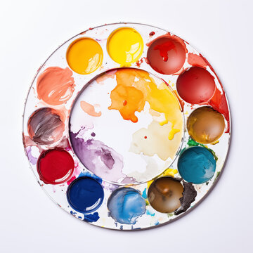 Array of Vibrant Watercolor Paints in an Artist's Palette Isolated. Professional photography. White Background. Studio Photograph