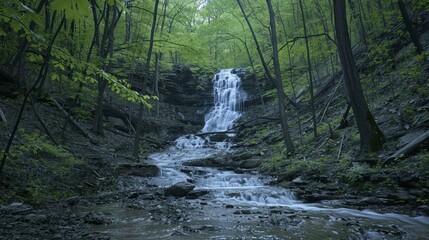 Fototapeta premium Waterfall flows through rocky forest