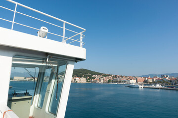 Fototapeta na wymiar Croatia ferry wharf with transport and view..