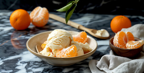 Sliced tangerines and ice cream are on a saucer, standing on the table. - 781707106