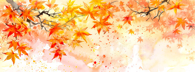 Obraz na płótnie Canvas Autumn orange leaves on a tree branch - a Japanese-style illustration.