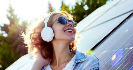 A woman is relaxing on a pier by the lake, listening to music through headphones. - 781707116