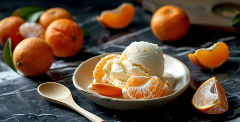 Sliced tangerines and ice cream are on a saucer, standing on the table.