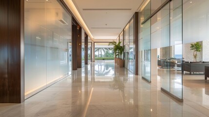 The grand lobby of the luxury resort serves as a stunning introduction to the property with its frosted glass walls creating a sense of glamour and prestige while still maintaining . - obrazy, fototapety, plakaty