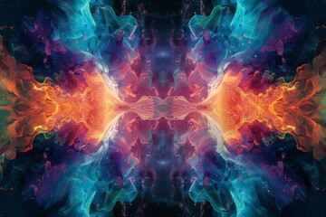 Kaleidoscopic explosion of colors in symmetrical abstract pattern, evoking a sense of cosmic energy and mysticism.

 - obrazy, fototapety, plakaty