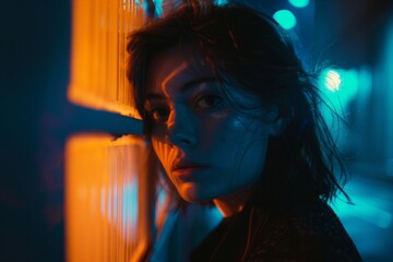 Ethereal portrait of a young woman in blue neon light, capturing a contemplative moment that merges urban vibe with intimate mood.

