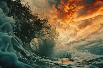 Dramatic seascape with surging wave and fiery sunset, a vivid blend of nature's fury and beauty captured in a single moment.

 - obrazy, fototapety, plakaty