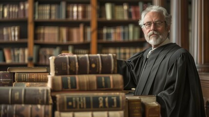 Standing tall amidst a sea of books and legal documents the weathered face of a wise judge reflects years of upholding the law with integrity and sound judgment. .