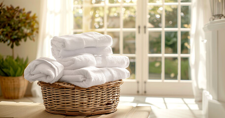 A stack of clean white towels in the spa salon. - 781707512
