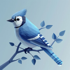 Geometric illustration of a blue jay perched on a branch against a soft blue background. - obrazy, fototapety, plakaty
