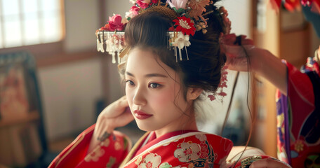 A Japanese woman is having her hair styled into a traditional bun, with flowers and other decorative elements on top. For special occasions, she wears an elegant kimono. - 781707704